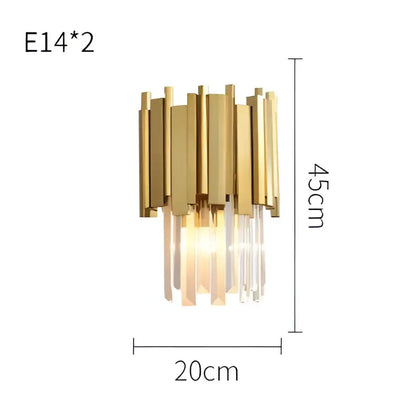 Gold-toned modern wall sconce with vertical brass bars and decorbites crystal clear led hanging droplets for bedroom