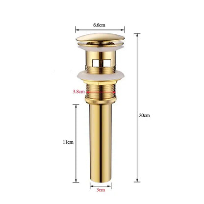 Modern chrome and gold bathroom sink pop up drain stopper with a sleek gold-colored polished metallic finish