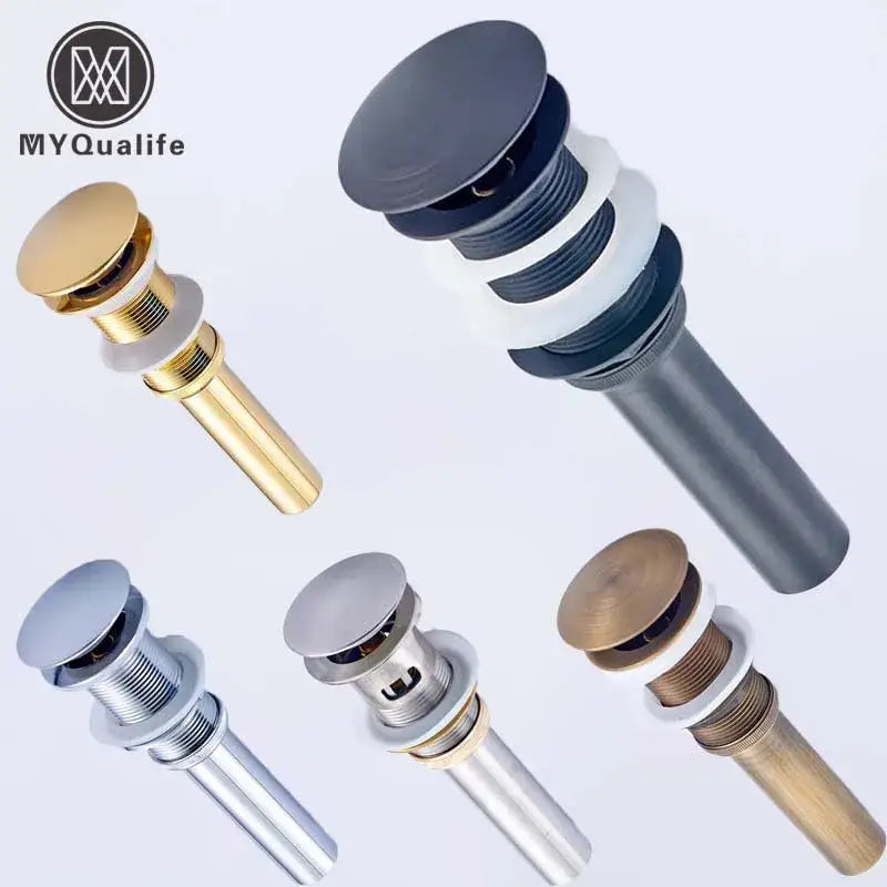 The myqualife modern chrome and gold bathroom sink pop features five colored finish pop up drain stoppers
