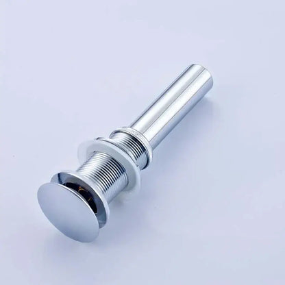 Modern chrome and gold bathroom sink pop up drain with sleek cylindrical metal design and threaded connection
