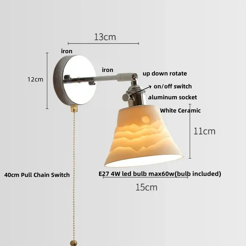 Modern chrome wall light fixture with white ceramic shade and iron arm featuring pull chain switch for bedroom lighting
