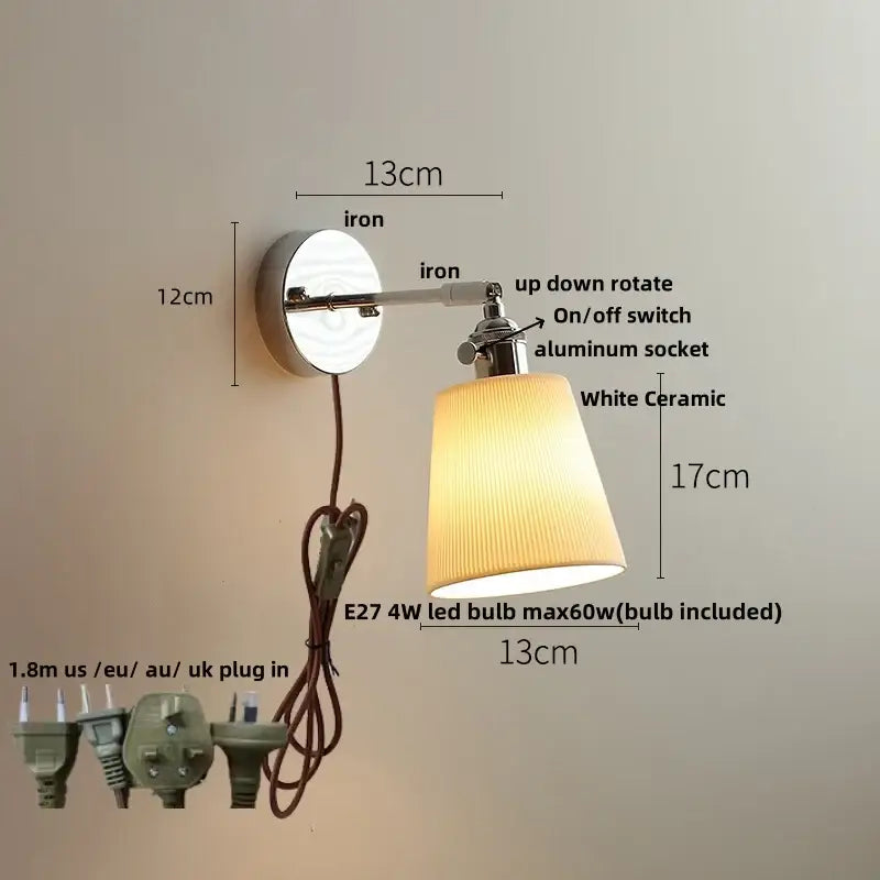 Adjustable wall light fixture with sleek iron arm, white ceramic ridged shade, and included e27 led bulb for bedroom use