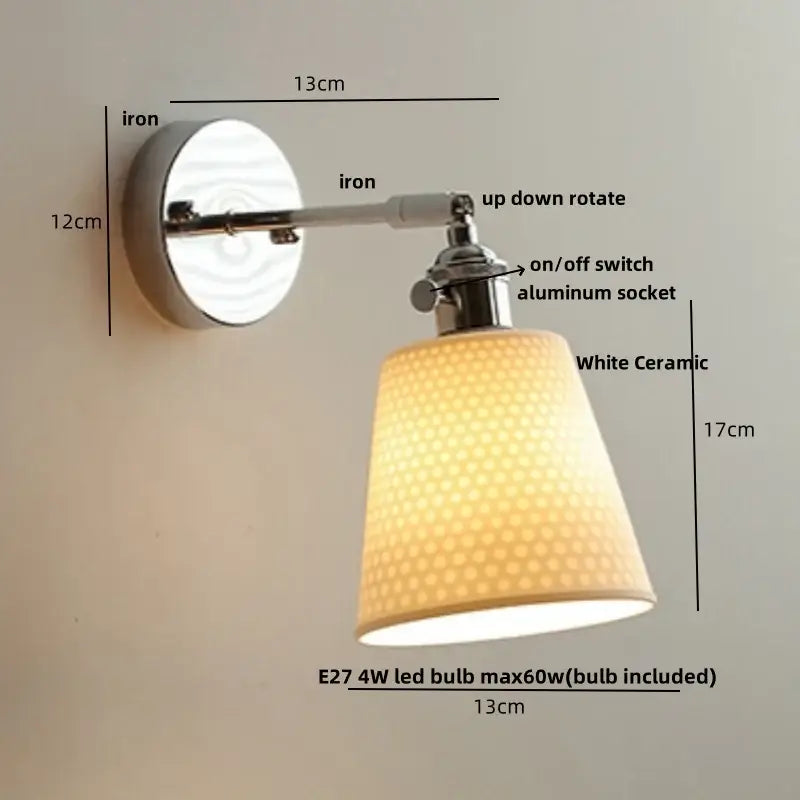 Modern chrome wall light fixture with white ceramic shade and polished iron mount for bedroom lighting