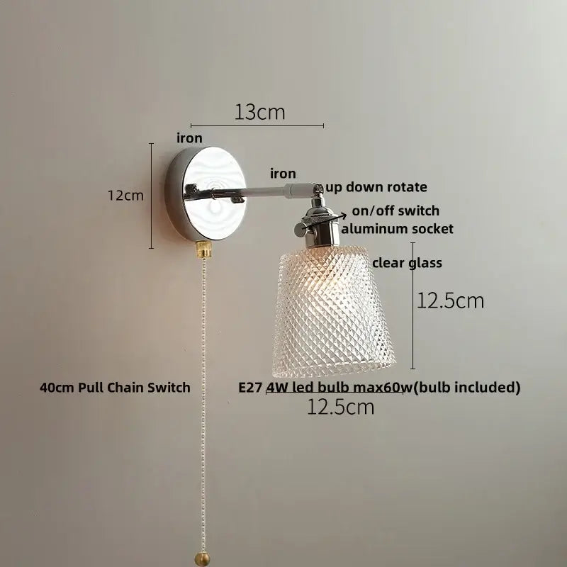 Modern chrome and perforated fabric wall light fixture with adjustable polished iron arm and diamond-cut glass shade