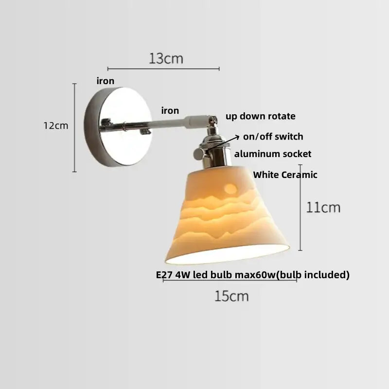Modern chrome wall light fixture with white ceramic shade, iron bracket, adjustable rotation, and e27 led bulb for bedroom use