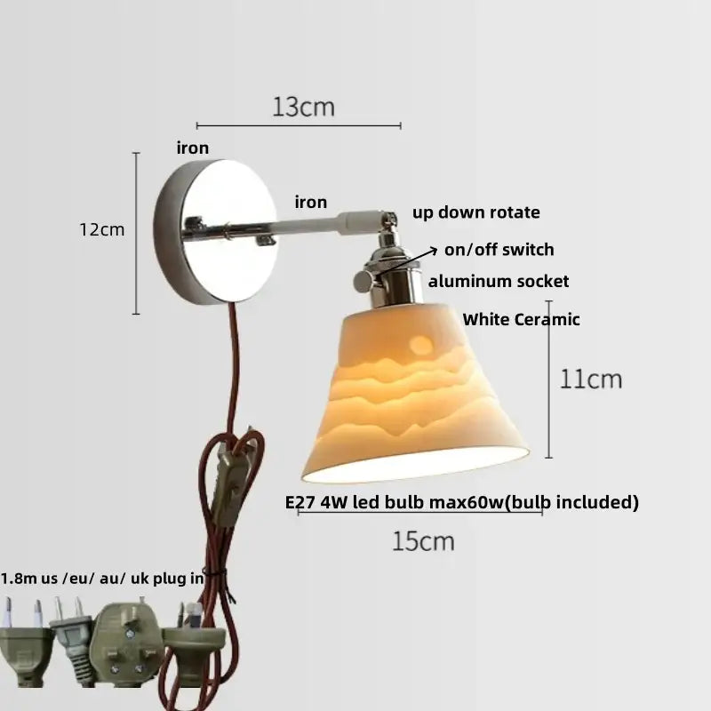 Modern chrome wall light fixture with polished iron arm, adjustable aluminum socket, and white ceramic shade for bedroom use