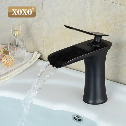 Black matte-finish xoxo copper waterfall vanity faucet with sleek modern design for decorbites copper waterfall bathroom tap