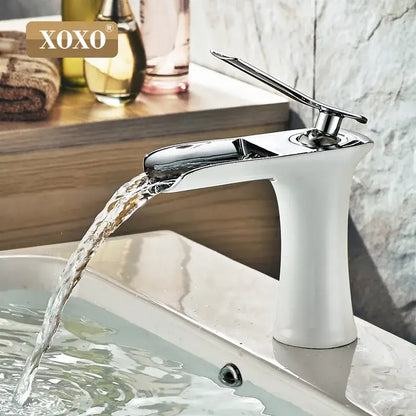 Modern chrome and white copper waterfall vanity faucet with sleek design and ceramic base for bathroom decorbites copper waterfall