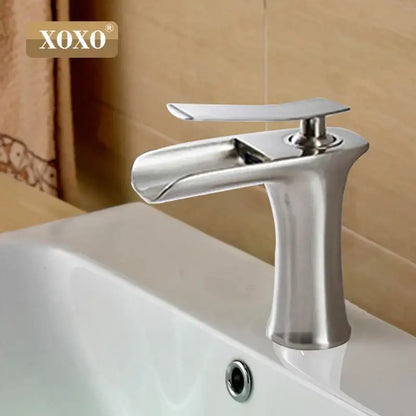 Stylish modern chrome and brushed copper waterfall vanity faucet with sleek flat handle for bathroom decorbites copper waterfall