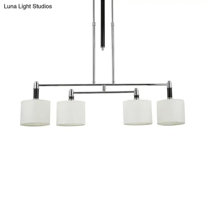 Modern chrome and white fabric pendant light kit with four cylindrical shades for dining room e12 e14 bulbs