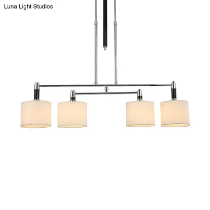 Modern chrome and white fabric pendant light kit with four cylindrical off-white shades compatible with e12 bulbs