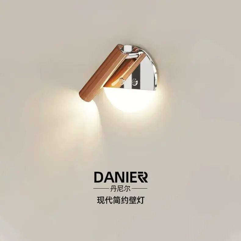 Modern chrome and wood wall lamp with spectrum eye protection featuring a sleek base and warm wooden arm for bedroom use