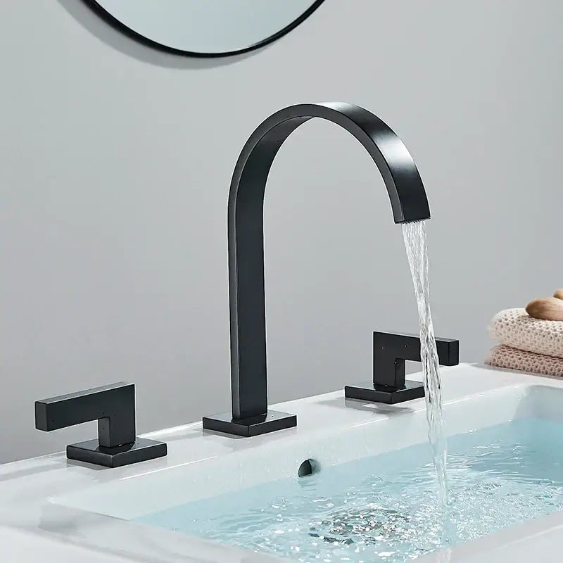Black matte basin faucet with curved spout and dual handle features decorbites dual handle design for bathroom use