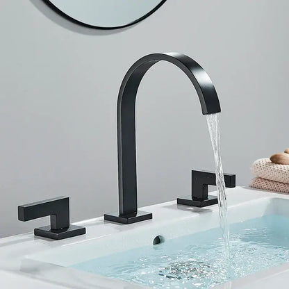 Black matte basin faucet with curved spout and dual handle features decorbites dual handle design for bathroom use