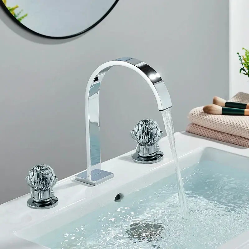 Modern chrome arched basin faucet with dual handle faceted crystal decorbites dual handle bathroom mixer tap