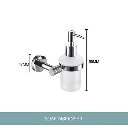Chrome-finished wall-mounted soap dispenser with frosted glass body and textured knob from decorbites bathroom essentials set