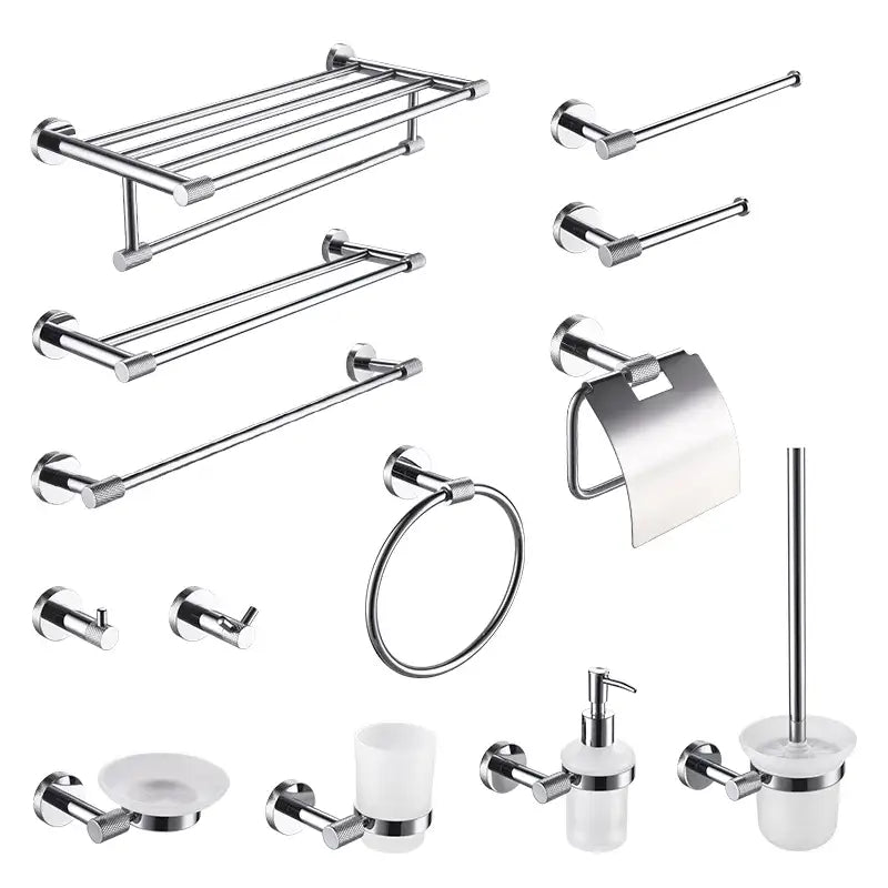 Modern chrome bathroom essentials set by decorbites featuring sleek hardware with soap dish towel racks and brush
