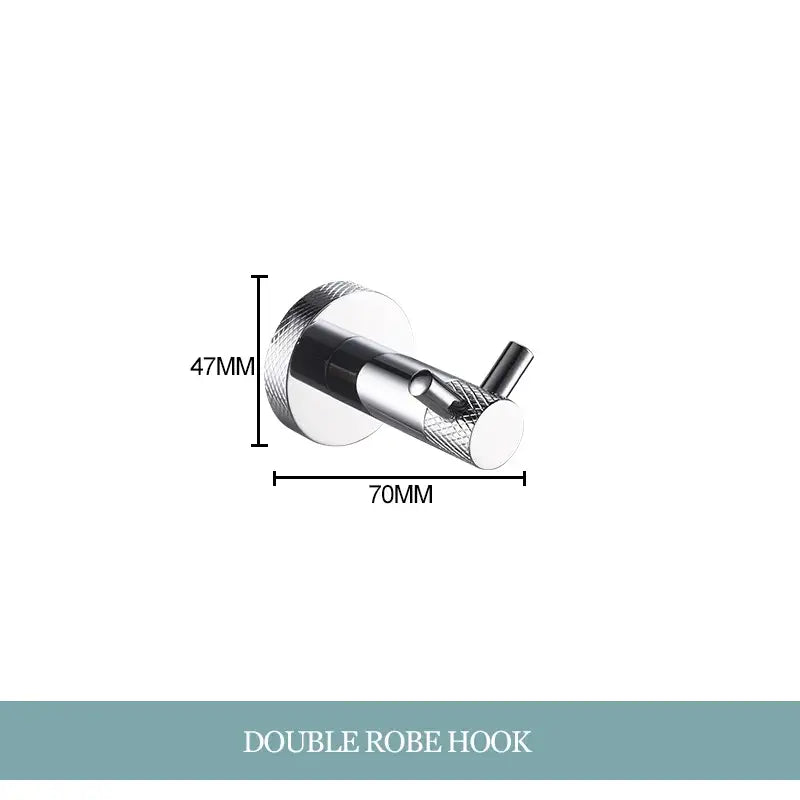Modern chrome double robe hook with textured knurled surfaces from decorbites bathroom essentials set