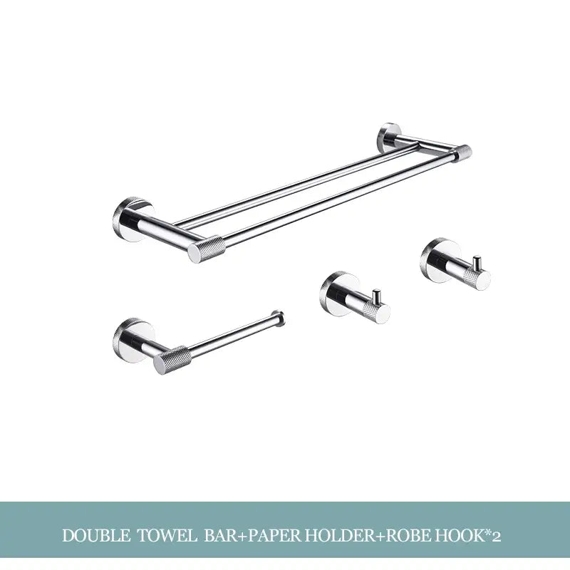 Chrome finished double towel bar with matching paper holder and two robe hooks from decorbites bathroom essentials set