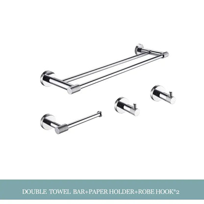 Chrome finished double towel bar with matching paper holder and two robe hooks from decorbites bathroom essentials set