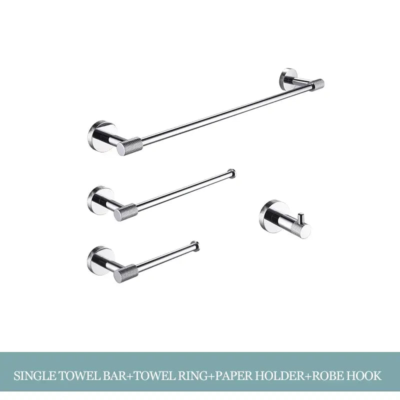 Set of four modern chrome bathroom essentials including towel bar ring paper holder and robe hook by decorbites bathroom