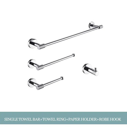 Set of four modern chrome bathroom essentials including towel bar ring paper holder and robe hook by decorbites bathroom