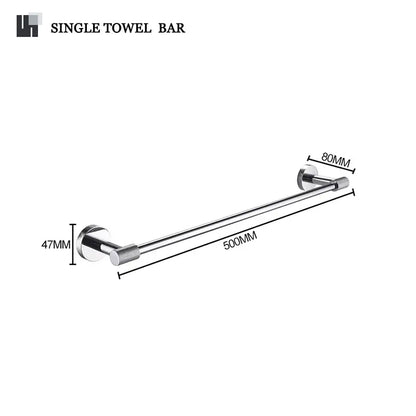 Shiny chrome finished single towel bar with textured knobs and precise dimensions in decorbites bathroom essentials set