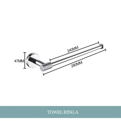 Silver stainless steel towel ring with textured grip in modern chrome bathroom essentials set by DecorBites bathroom essentials