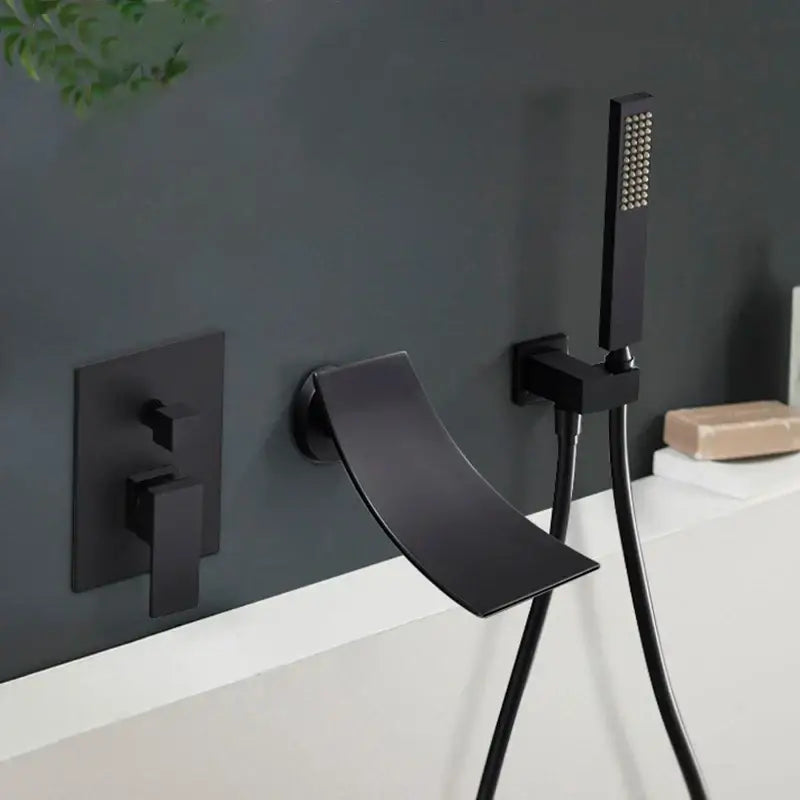 Black matte faucet mixer with sleek curved spout and handheld showerhead for modern bathtub faucet mixer setup