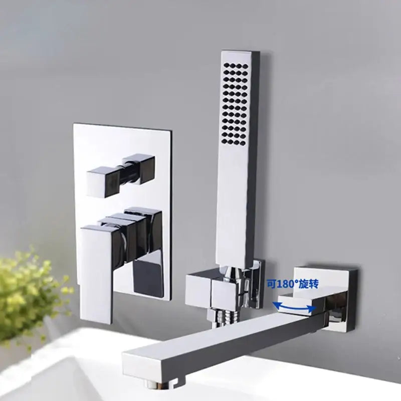 Modern chrome bathtub faucet mixer with waterfall spout and rectangular wall-mounted faucet mixer with handheld showerhead