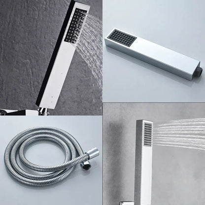 Modern chrome bathtub faucet mixer with waterfall spout and rectangular showerhead featuring black accent panel