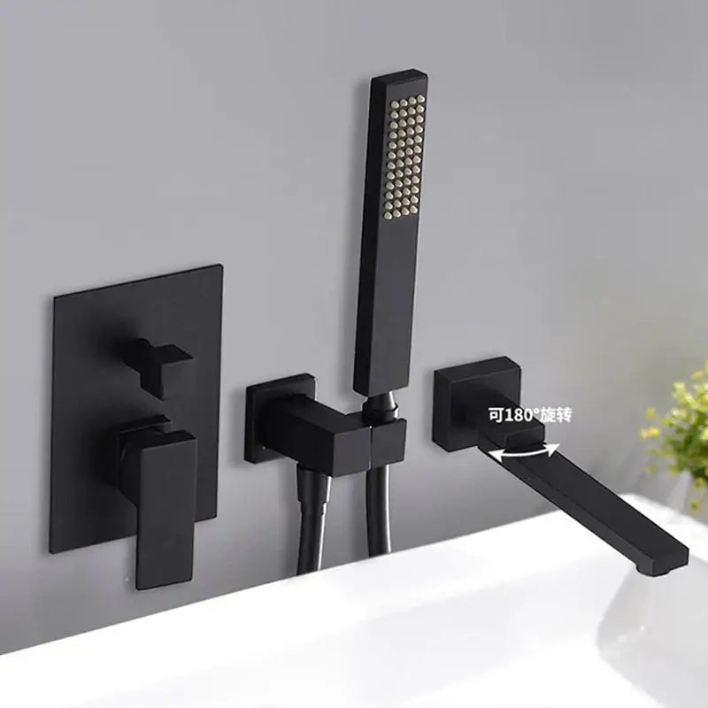 Black matte wall-mounted bathtub faucet mixer with rectangular spout and detachable handheld showerhead for bathroom