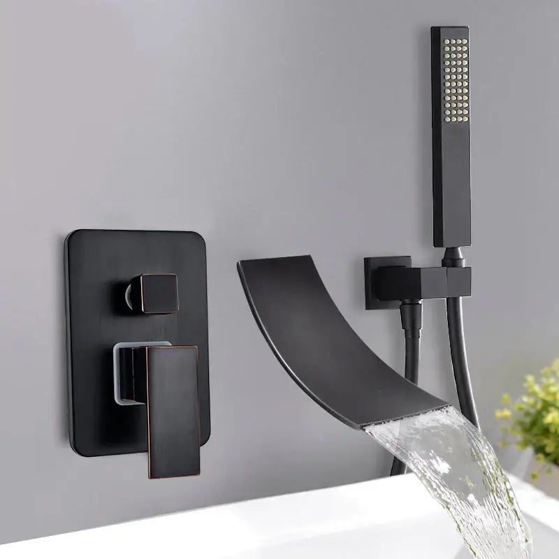 Modern black matte faucet mixer with waterfall spout and handheld showerhead for bathtub faucet mixer use