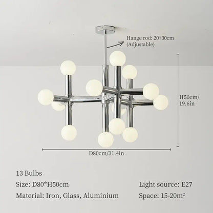 Modern chrome bauhaus glass hanging ceiling lamps with 13 frosted globe bulbs in a geometric design for living room
