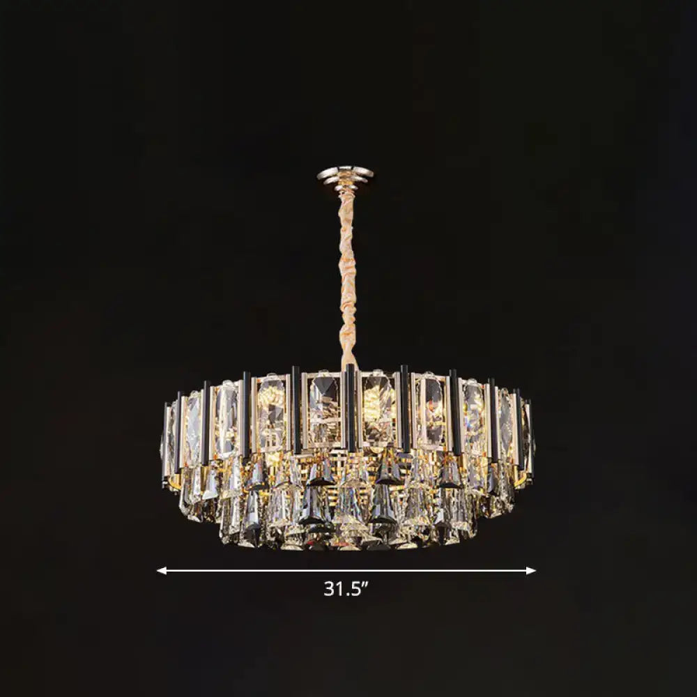 DecorBites clear beveled crystal modern layered chandelier with gold frame and adjustable chain cord length for living rooms