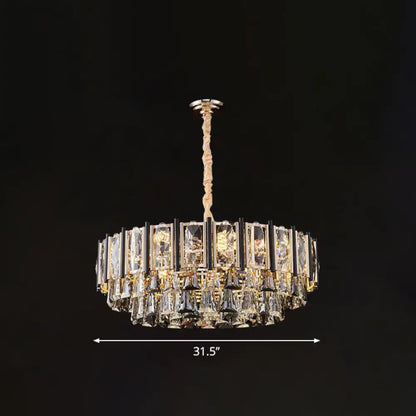 DecorBites clear beveled crystal modern layered chandelier with gold frame and adjustable chain cord length for living rooms