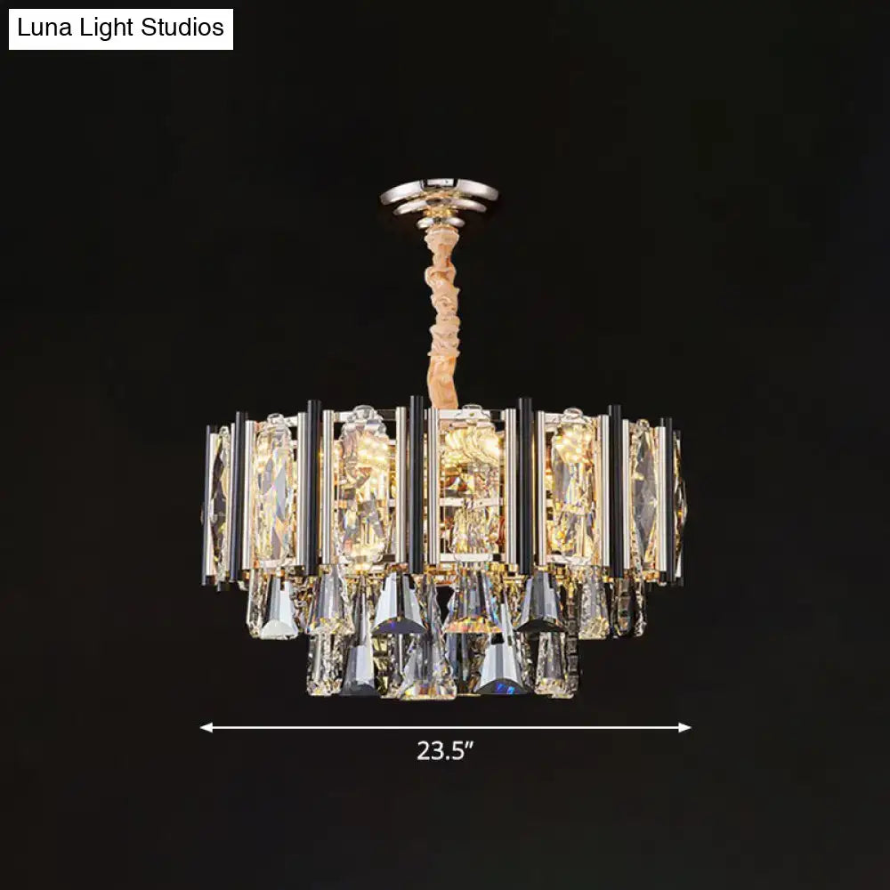 DecorBites clear beveled crystal modern layered chandelier with polished chrome finish and adjustable chain cord length