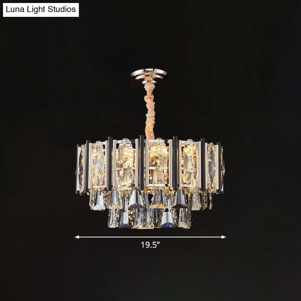 DecorBites clear beveled crystal modern chandelier with polished chrome finish and adjustable chain cord length for living rooms