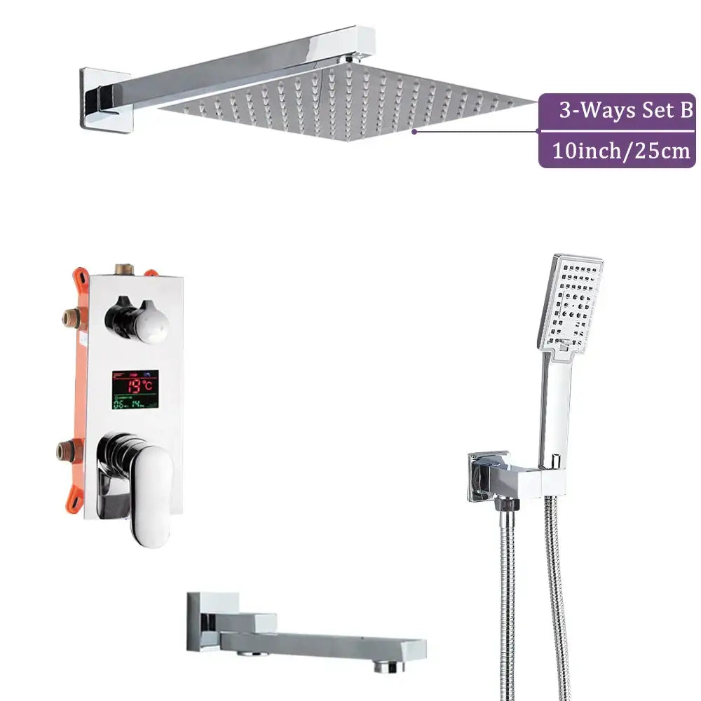 Modern chrome big rainfall shower faucet with digital display featuring a 10-inch square chrome rainfall shower head