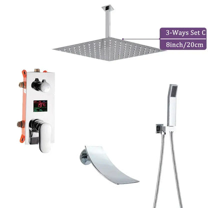 Modern chrome 8-inch square big rainfall shower faucet with sleek grid design and digital display for bathroom use
