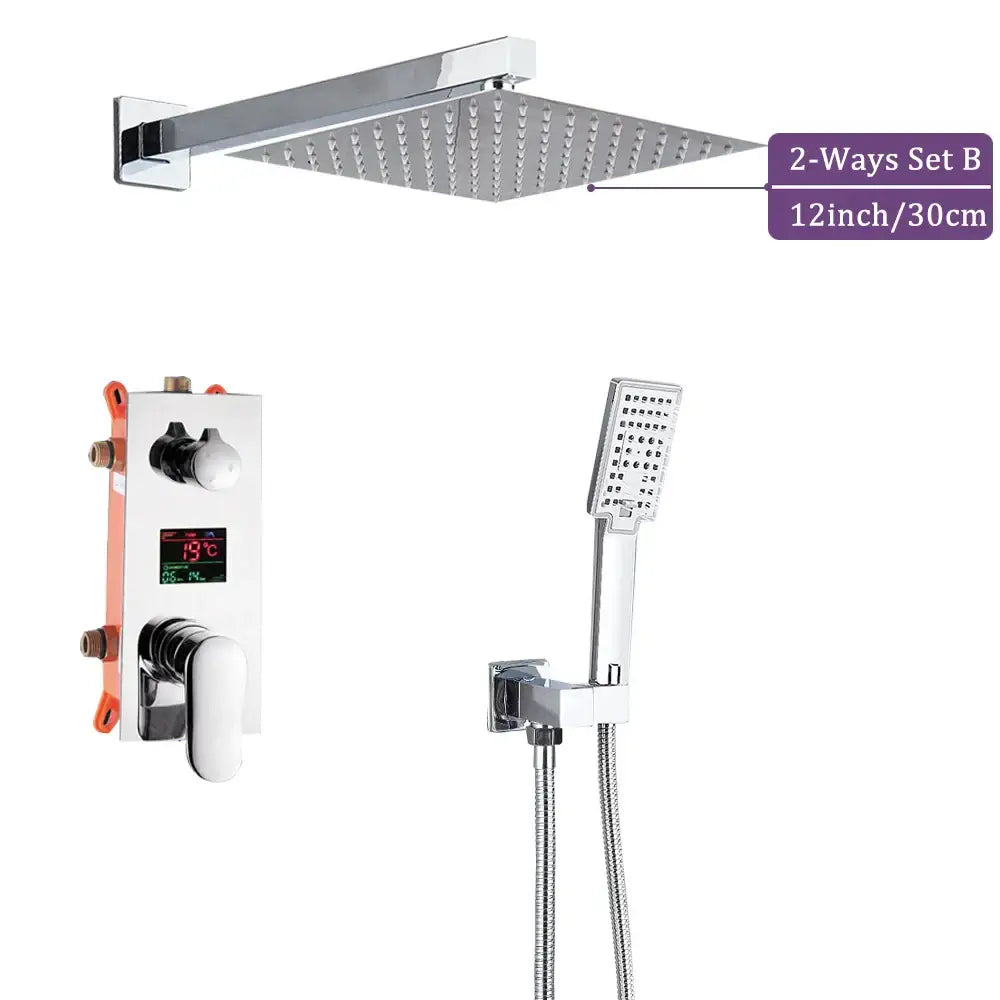 Modern chrome big rainfall shower faucet with 12-inch square rainfall shower and handheld shower with digital control