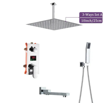 Modern chrome big rainfall shower faucet with 10-inch square showerhead digital display and three-way mixing valve system