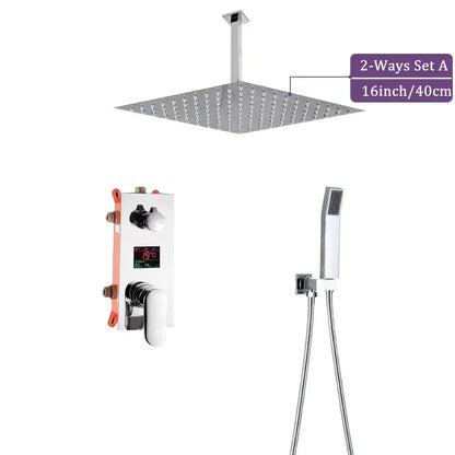 Modern chrome big rainfall shower faucet with 16-inch square rainfall shower head and digital temperature display