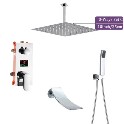 Modern chrome big rainfall shower faucet with 10-inch square rainfall showerhead and digital temperature display