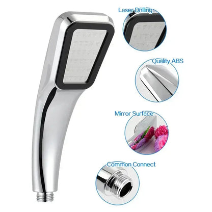 Modern chrome and black handheld shower head with rectangular face and 300 holes high pressure for enhanced shower experience