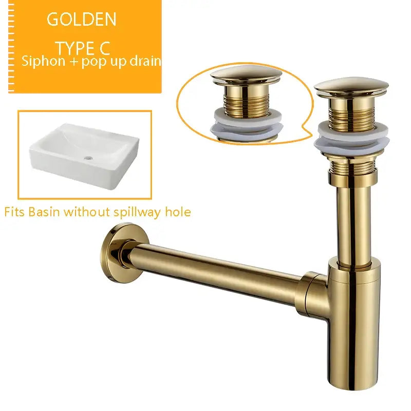 Golden type c siphon drain kit with pop-up drain and white rubber seals for modern chrome and black basin sink decorbites bathroom basin