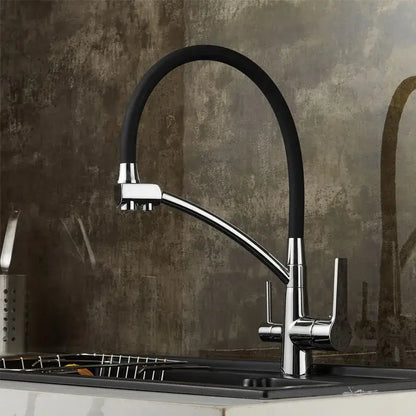 Modern chrome and black decorbites black deck mounted kitchen faucet with dual handles and flexible pull down spout