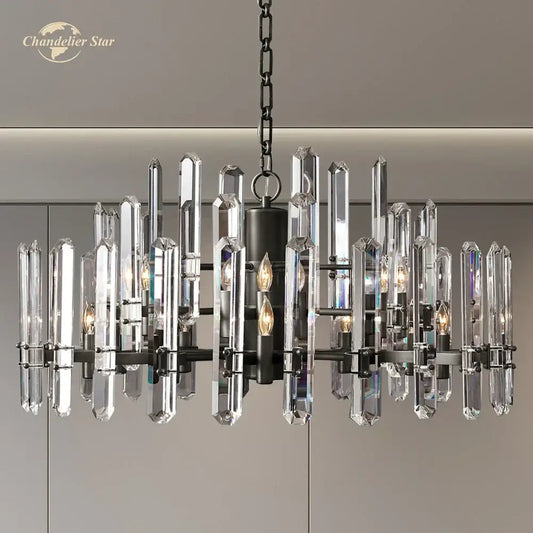 Modern chrome black metal crystal chandelier with black frame and clear glass rods for bedroom pendant light decorbites brass chrome