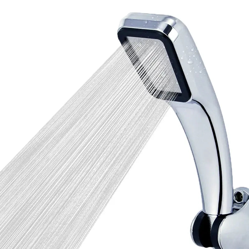 Modern chrome and black rainfall shower head handheld with a sleek curved design and rectangular spray face trim