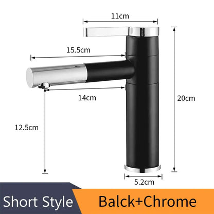 Modern chrome brass bathroom faucet vessel sink tap with black and chrome finish and sleek cylindrical swivel spout design